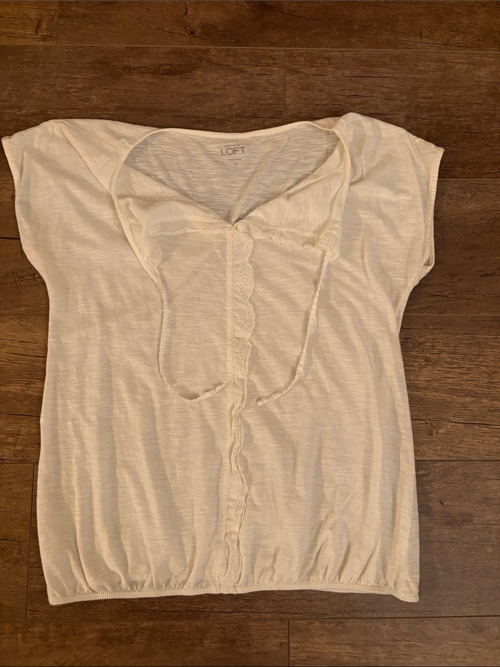 LOFT Cream Cap-Sleeve Ruffle Tie-Front Top